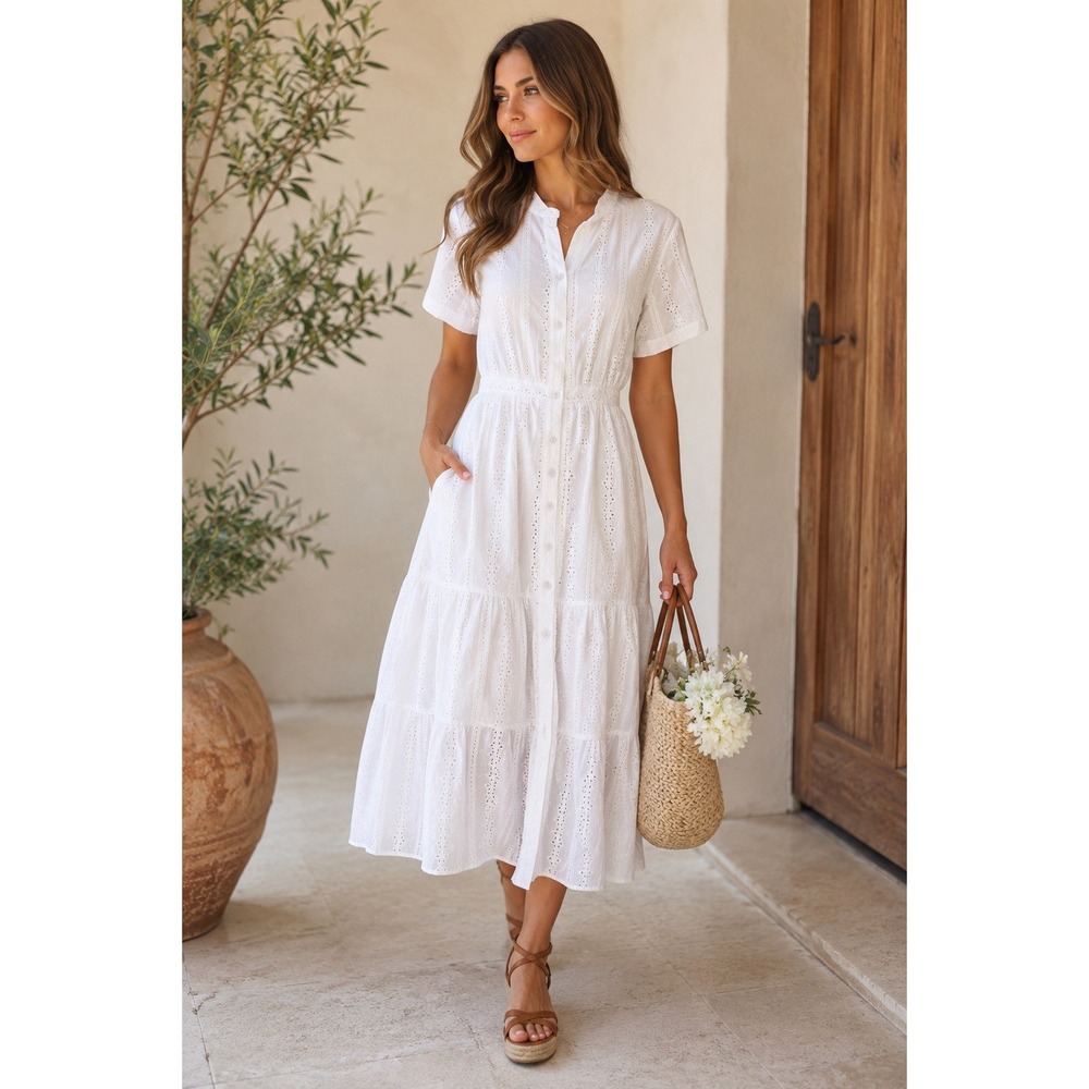 Lost + Wander Anthropologie Midi Dress L White Eyelet Pockets Stretch Waist